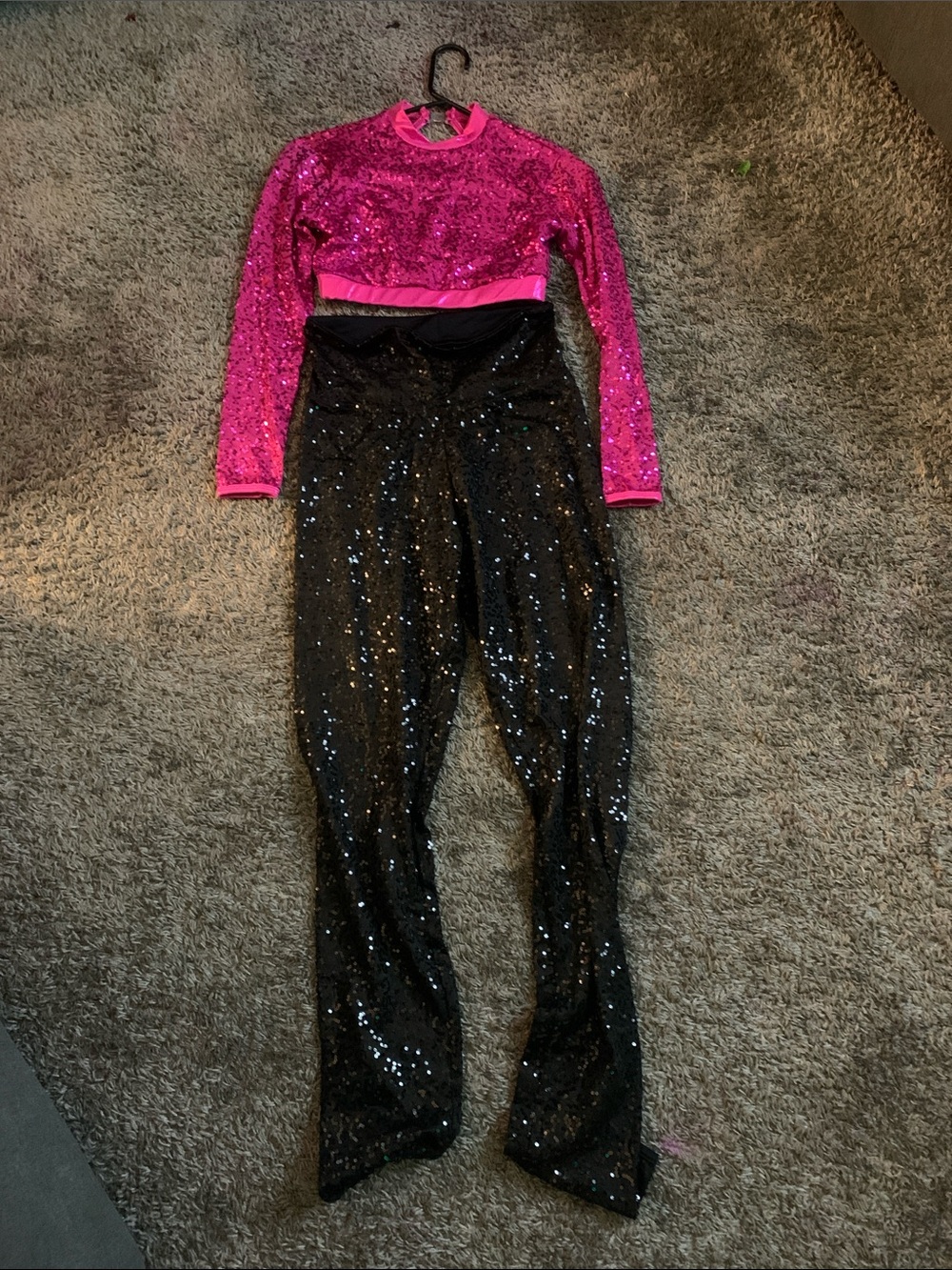 Kids Sequin Black Dance Pants with Pink sequin crop top set